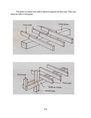 219
The girder is a beam from wall to wall and supports the floor joist. They may
either be solid or built girder.
 