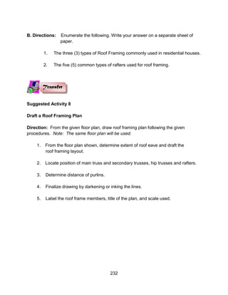 232
B. Directions: Enumerate the following. Write your answer on a separate sheet of
paper.
1. The three (3) types of Roof Framing commonly used in residential houses.
2. The five (5) common types of rafters used for roof framing.
Suggested Activity 8
Draft a Roof Framing Plan
Direction: From the given floor plan, draw roof framing plan following the given
procedures. Note: The same floor plan will be used.
1. From the floor plan shown, determine extent of roof eave and draft the
roof framing layout.
2. Locate position of main truss and secondary trusses, hip trusses and rafters.
3. Determine distance of purlins.
4. Finalize drawing by darkening or inking the lines.
5. Label the roof frame members, title of the plan, and scale used.
 