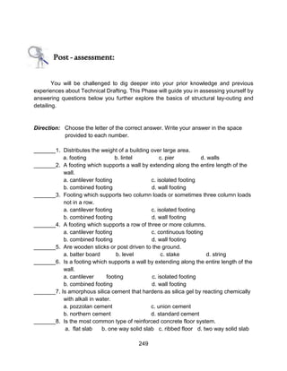 249
Post-assessment:
You will be challenged to dig deeper into your prior knowledge and previous
experiences about Technical Drafting. This Phase will guide you in assessing yourself by
answering questions below you further explore the basics of structural lay-outing and
detailing.
Direction: Choose the letter of the correct answer. Write your answer in the space
provided to each number.
_______1. Distributes the weight of a building over large area.
a. footing b. lintel c. pier d. walls
_______2. A footing which supports a wall by extending along the entire length of the
wall.
a. cantilever footing c. isolated footing
b. combined footing d. wall footing
_______3. Footing which supports two column loads or sometimes three column loads
not in a row.
a. cantilever footing c. isolated footing
b. combined footing d. wall footing
_______4. A footing which supports a row of three or more columns.
a. cantilever footing c. continuous footing
b. combined footing d. wall footing
_______5. Are wooden sticks or post driven to the ground.
a. batter board b. level c. stake d. string
_______6. Is a footing which supports a wall by extending along the entire length of the
wall.
a. cantilever footing c. isolated footing
b. combined footing d. wall footing
_______7. Is amorphous silica cement that hardens as silica gel by reacting chemically
with alkali in water.
a. pozzolan cement c. union cement
b. northern cement d. standard cement
_______8. Is the most common type of reinforced concrete floor system.
a. flat slab b. one way solid slab c. ribbed floor d. two way solid slab
 