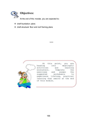 166
At this point, you are
heading into meaningful
activities and learning
encounters. Complete the
exercises and answer the
suggested worksheets to
experience lifelong, practical
learning that awaits at the end
of this module.
ENJOY YOUR JOURNEY!
Objectives:
At the end of this module, you are expected to:
 draft foundation plans
 draft structural floor and roof framing plans
*****
 