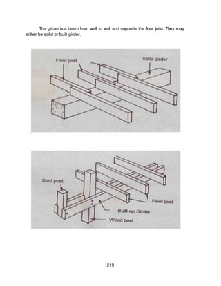219
The girder is a beam from wall to wall and supports the floor joist. They may
either be solid or built girder.
 