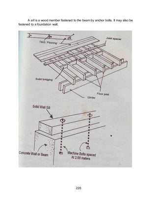 220
A sill is a wood member fastened to the beam by anchor bolts. It may also be
fastened to a foundation wall.
 