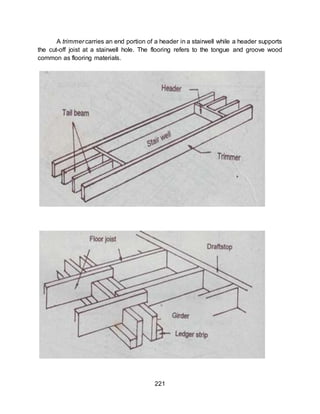 221
A trimmer carries an end portion of a header in a stairwell while a header supports
the cut-off joist at a stairwell hole. The flooring refers to the tongue and groove wood
common as flooring materials.
 