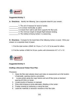 222
Suggested Activity 5
A. Directions: Identify the following. Use a separate sheet for your answer.
__________ 1. The unit of measure for wood or lumber.
__________ 2. It is known technically as xylem.
__________ 3. A beam from wall to wall which supports the floor joist.
__________ 4. The minimum height of straight flight between landing.
__________ 5. The method of drying lumber in a seasoning.
B. Directions. Compute for the board feet of the following lumber or wood. Write your
answer on a separate sheet of paper.
1. Find the total number of Bdft. for 10 pcs. 2” x 4” x 12’ to be used for rafters.
2. Find the number of Bdft. for 24 pcs. purlins with dimensions of 2” x 3” x 12’.
Suggested Activity 6
Drafting a Structural Timber Floor Plan
Procedure:
1. Study the floor plan already drawn and make an assessment as to the location
of stairwells, opening columns and girders.
2. Locate girders along the major beams and set off floor joists at standard
spacing of 0.30m on center.
3. Locate position of headers on stairwell.
4. Draw solid bridging on joists alternately offsetting at the center.
5. Finalize drawing by darkening or inking the lines.
6. Label the materials or structural members of the floor plan.
 