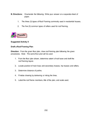 232
B. Directions: Enumerate the following. Write your answer on a separate sheet of
paper.
1. The three (3) types of Roof Framing commonly used in residential houses.
2. The five (5) common types of rafters used for roof framing.
Suggested Activity 8
Draft a Roof Framing Plan
Direction: From the given floor plan, draw roof framing plan following the given
procedures. Note: The same floor plan will be used.
1. From the floor plan shown, determine extent of roof eave and draft the
roof framing layout.
2. Locate position of main truss and secondary trusses, hip trusses and rafters.
3. Determine distance of purlins.
4. Finalize drawing by darkening or inking the lines.
5. Label the roof frame members, title of the plan, and scale used.
 
