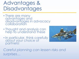 Advantages &
Disadvantages
• There are many
advantages and
disadvantages in advocacy
collaboration
• Thought and analysis can
help to understand these
• In particular, think carefully
about your choice of
partners!
Careful planning can lessen risks and
surprises…
 