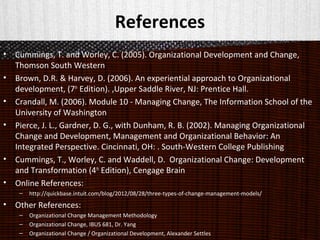 References
• Cummings, T. and Worley, C. (2005). Organizational Development and Change,
Thomson South Western
• Brown, D.R. & Harvey, D. (2006). An experiential approach to Organizational
development, (7th
Edition). ,Upper Saddle River, NJ: Prentice Hall.
• Crandall, M. (2006). Module 10 - Managing Change, The Information School of the
University of Washington
• Pierce, J. L., Gardner, D. G., with Dunham, R. B. (2002). Managing Organizational
Change and Development, Management and Organizational Behavior: An
Integrated Perspective. Cincinnati, OH: . South-Western College Publishing
• Cummings, T., Worley, C. and Waddell, D. Organizational Change: Development
and Transformation (4th
Edition), Cengage Brain
• Online References:
– http://quickbase.intuit.com/blog/2012/08/28/three-types-of-change-management-models/
• Other References:
– Organizational Change Management Methodology
– Organizational Change, IBUS 681, Dr. Yang
– Organizational Change / Organizational Development, Alexander Settles
 