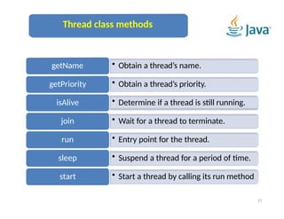 Thread class methods
• Obtain a thread’s name.
getName
• Obtain a thread’s priority.
getPriority
• Determine if a thread is still running.
isAlive
• Wait for a thread to terminate.
join
• Entry point for the thread.
run
• Suspend a thread for a period of time.
sleep
• Start a thread by calling its run method
start
17
 