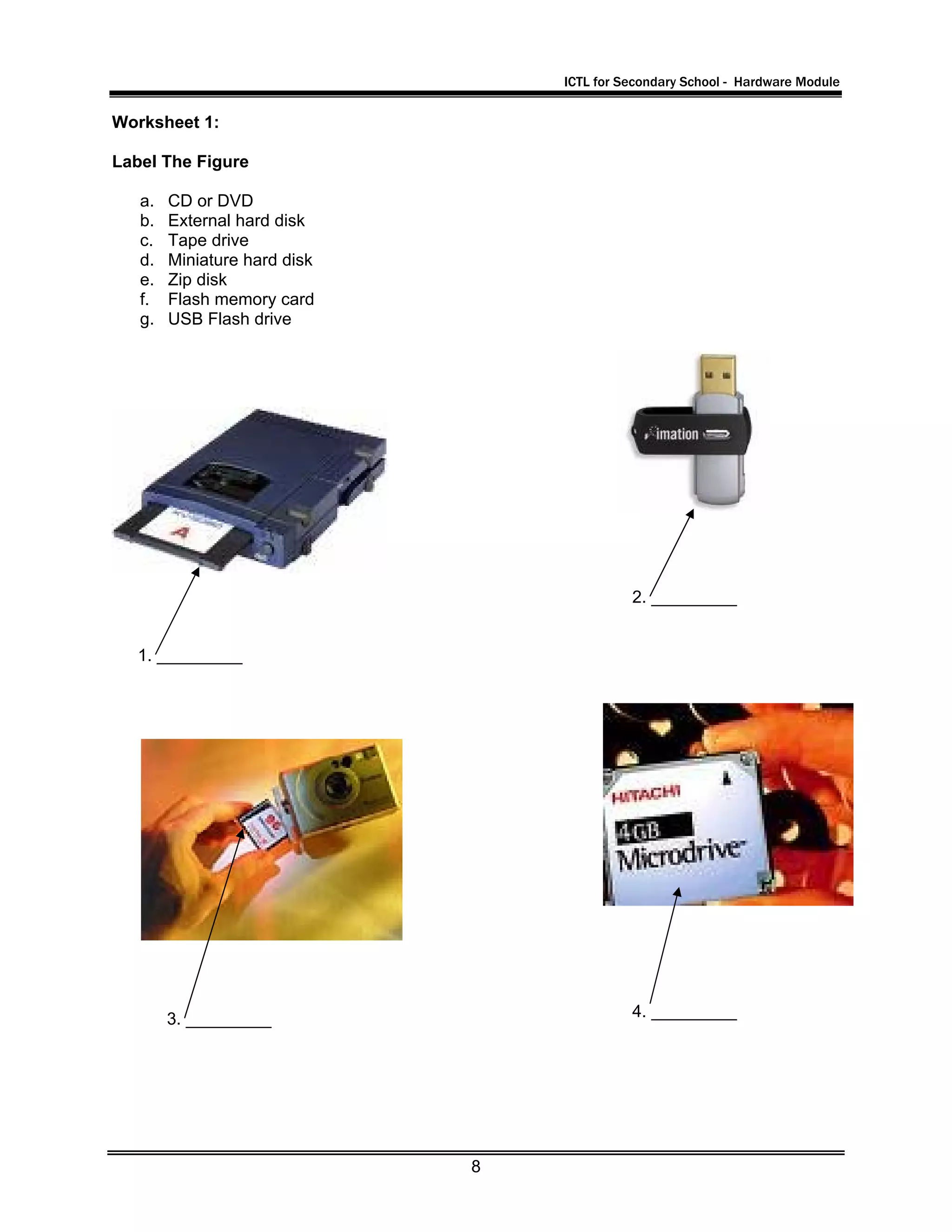 ICTL for Secondary School - Hardware Module
8
Worksheet 1:
Label The Figure
a. CD or DVD
b. External hard disk
c. Tape drive
d. Miniature hard disk
e. Zip disk
f. Flash memory card
g. USB Flash drive
1. _________
2. _________
3. _________ 4. _________
 
