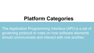Portfolio
Presentation
You can simply impress your audience and add a unique and appeal to your
Reports and Presentations with our Templates. I hope and I believe that this
Template will your Time, Money and Reputation.
Platform Categories
The Application Programming Interface (API) is a set of
governing protocol or rules on how software elements
should communicate and interact with one another.
 