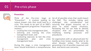 01 Pre-crisis phase
Think of the Pre-crisis stage as
"Prevention". It involves seeking to
reduce known risks that could lead to a
crisis. This needs to be part of an SME’s
risk management programme. Preparation
involves:-
• creating the crisis management plan,
• selecting and training the crisis
management team, and
• conducting exercises to test the crisis
management plan and crisis
management team.
During this stage, a crisis management
team should brainstorm a comprehensive
list of all possible crises that could impact
the SME. This includes taking past
challenges into consideration and
ensuring that proper resources are in
place to avoid repeat situations.
Reviewing this list can help to identify
situations that are preventable by
modifying existing processes and
procedures.
An organisation with an advanced plan for
handling crises knows exactly what to do
when disaster strikes. This includes
generating a list of possible responses and
best- and worst-case scenarios.
Prevention
 