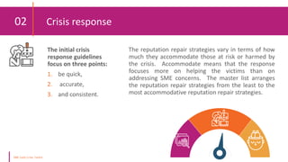 02 Crisis response
The initial crisis
response guidelines
focus on three points:
1. be quick,
2. accurate,
3. and consistent.
The reputation repair strategies vary in terms of how
much they accommodate those at risk or harmed by
the crisis. Accommodate means that the response
focuses more on helping the victims than on
addressing SME concerns. The master list arranges
the reputation repair strategies from the least to the
most accommodative reputation repair strategies.
 