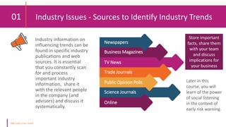 01 Industry Issues - Sources to Identify Industry Trends
Industry information on
influencing trends can be
found in specific industry
publications and web
sources. It is essential
that you constantly scan
for and process
important industry
information, share it
with the relevant people
in the company (and
advisors) and discuss it
systematically.
Online
Science Journals
Public Opinion Polls
Trade Journals
TV News
Business Magazines
Newspapers
Store important
facts, share them
with your team
and discuss
implications for
your business
Later in this
course, you will
learn of the power
of social listening
in the context of
early risk warning.
 