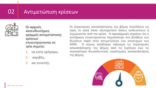 02 Αντιμετώπιση κρίσεων
Οι αρχικές
κατευθυντήριες
γραμμές αντιμετώπισης
κρίσεων
επικεντρώνονται σε
τρία σημεία:
1. να είστε γρήγοροι,
2. ακριβής,
3. και συνεπής.
Οι στρατηγικές αποκατάστασης της φήμης ποικίλλουν ως
προς το κατά πόσο εξυπηρετούν όσους κινδυνεύουν ή
ζημιώνονται από την κρίση. Η προσαρμογή σημαίνει ότι η
αντίδραση επικεντρώνεται περισσότερο στη βοήθεια των
θυμάτων παρά στην αντιμετώπιση των ανησυχιών των
ΜΜΕ. Ο κύριος κατάλογος ταξινομεί τις στρατηγικές
αποκατάστασης της φήμης από τις λιγότερο έως τις
περισσότερο διευκολυντικές στρατηγικές αποκατάστασης
της φήμης.
 