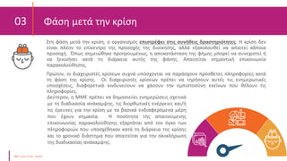 03 Φάση μετά την κρίση
Στη φάση μετά την κρίση, ο οργανισμός επιστρέφει στις συνήθεις δραστηριότητες. Η κρίση δεν
είναι πλέον το επίκεντρο της προσοχής της διοίκησης, αλλά εξακολουθεί να απαιτεί κάποια
προσοχή. Όπως σημειώθηκε προηγουμένως, η αποκατάσταση της φήμης μπορεί να συνεχιστεί ή
να ξεκινήσει κατά τη διάρκεια αυτής της φάσης. Απαιτείται σημαντική επικοινωνία
παρακολούθησης.
Πρώτον, οι διαχειριστές κρίσεων συχνά υπόσχονται να παράσχουν πρόσθετες πληροφορίες κατά
τη φάση της κρίσης. Οι διαχειριστές κρίσεων πρέπει να τηρήσουν αυτές τις ενημερωτικές
υποσχέσεις, διαφορετικά κινδυνεύουν να χάσουν την εμπιστοσύνη εκείνων που θέλουν τις
πληροφορίες.
Δεύτερον, η ΜΜΕ πρέπει να δημοσιεύει ενημερώσεις σχετικά
με τη διαδικασία ανάκαμψης, τις διορθωτικές ενέργειες και/ή
τις έρευνες για την κρίση με τα βασικά ενδιαφερόμενα μέρη
που έχουν σημασία. Η ποσότητα της απαιτούμενης
επικοινωνίας παρακολούθησης εξαρτάται από τον όγκο των
πληροφοριών που υποσχέθηκαν κατά τη διάρκεια της κρίσης
και το χρονικό διάστημα που απαιτείται για την ολοκλήρωση
της διαδικασίας ανάκαμψης.
 