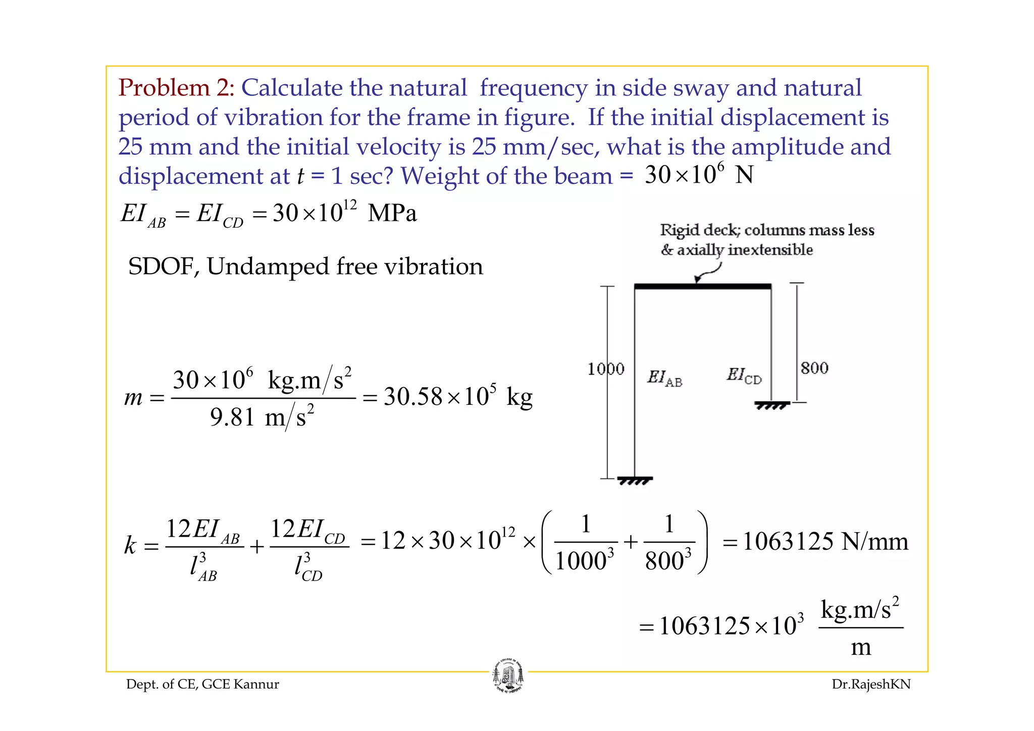 Problem 2: Calculate the natural frequency in side sway and natural
period of vibration for the frame in figure If the initial displacement isperiod of vibration for the frame in figure. If the initial displacement is
25 mm and the initial velocity is 25 mm/sec, what is the amplitude and
displacement at t = 1 sec? Weight of the beam =
12
6
30 10 N×
SDOF, Undamped free vibration
12
30 10 MPaAB CDEI EI= = ×
6 2
5
2
30 10 kg.m s
30.58 10 kg
9.81 m s
m
×
= = ×
12 12EI EI 12 1 1
12 30 10
⎛ ⎞
3 3
12 12AB CD
AB CD
EI EI
k
l l
= +
12
3 3
1 1
12 30 10
1000 800
⎛ ⎞
= × × × +⎜ ⎟
⎝ ⎠
1063125 N/mm=
2
3 kg m/s
Dept. of CE, GCE Kannur Dr.RajeshKN
3 kg.m/s
1063125 10
m
= ×
 