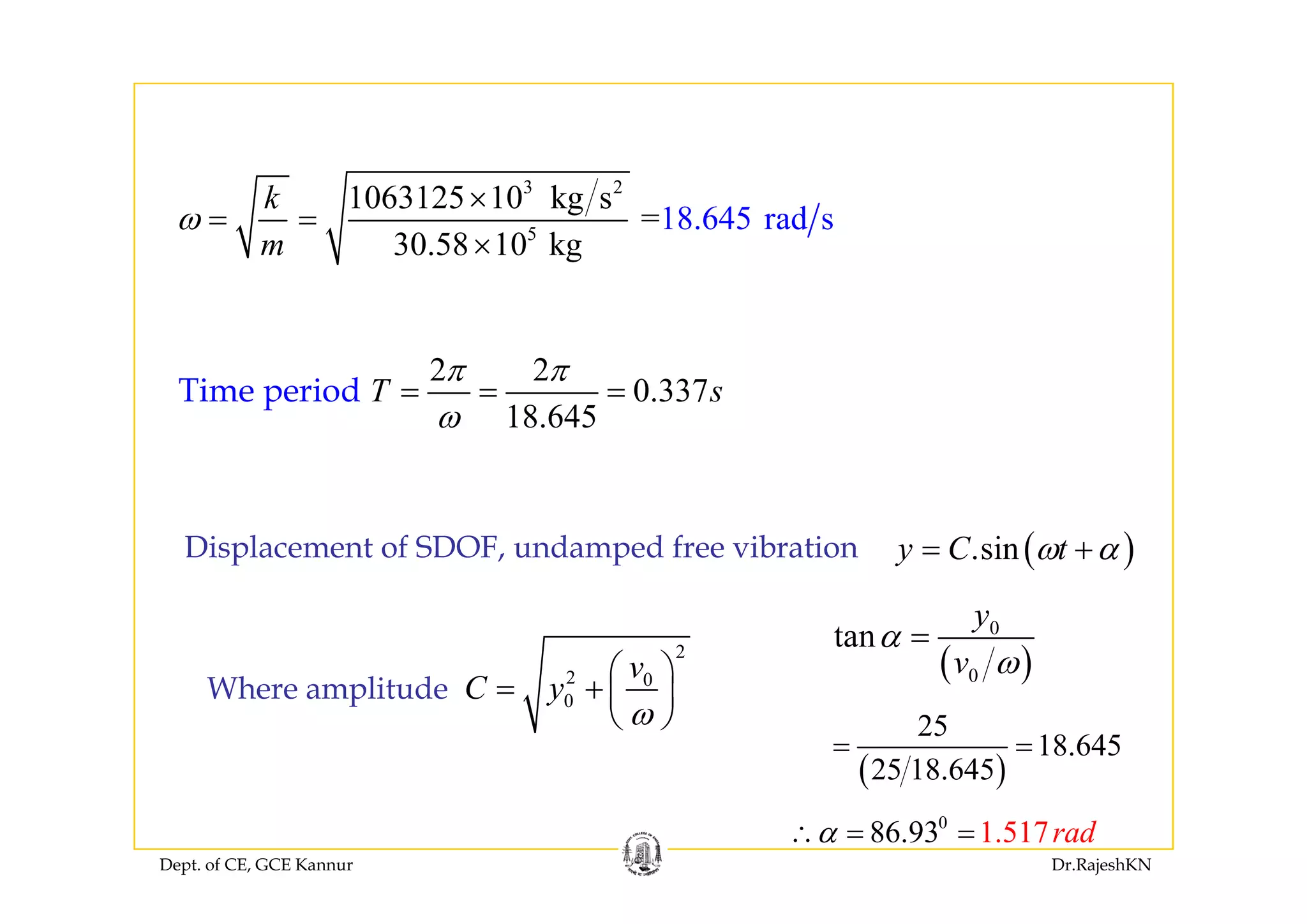 3 2
5
1063125 10 kg s
=
30.58 10 k
18.645 r d
g
a s
k
m
ω
×
= =
×30.58 10 kgm ×
2 2
0.337
18.645
Time period T s
π π
ω
= = =
( ).siny C tω α= +Displacement of SDOF, undamped free vibration ( )
2
2 v⎛ ⎞ ( )
0
0
tan
y
v
α
ω
=
2 0
0
v
C y
ω
⎛ ⎞
= + ⎜ ⎟
⎝ ⎠
Where amplitude
( )0v ω
( )
25
18.645
25 18 645
= =
Dept. of CE, GCE Kannur Dr.RajeshKN
( )25 18.645
0
86.93 1.517radα∴ = =
 