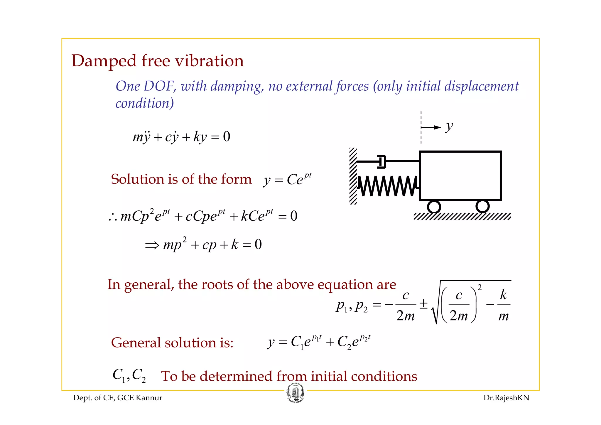 Damped free vibrationp
One DOF, with damping, no external forces (only initial displacement
condition)
0my cy ky+ + =
y
2
0pt pt pt
C C kC
pt
y Ce=Solution is of the form
2
0pt pt pt
mCp e cCpe kCe∴ + + =
2
0mp cp k⇒ + + =
In general, the roots of the above equation are 2
1 2,
c c k
p p
⎛ ⎞
= − ± −⎜ ⎟
⎝ ⎠
General solution is:
1 2,
2 2
p p
m m m
⎜ ⎟
⎝ ⎠
1 2
1 2
p t p t
y C e C e= +
Dept. of CE, GCE Kannur Dr.RajeshKN
1 2,C C To be determined from initial conditions
 
