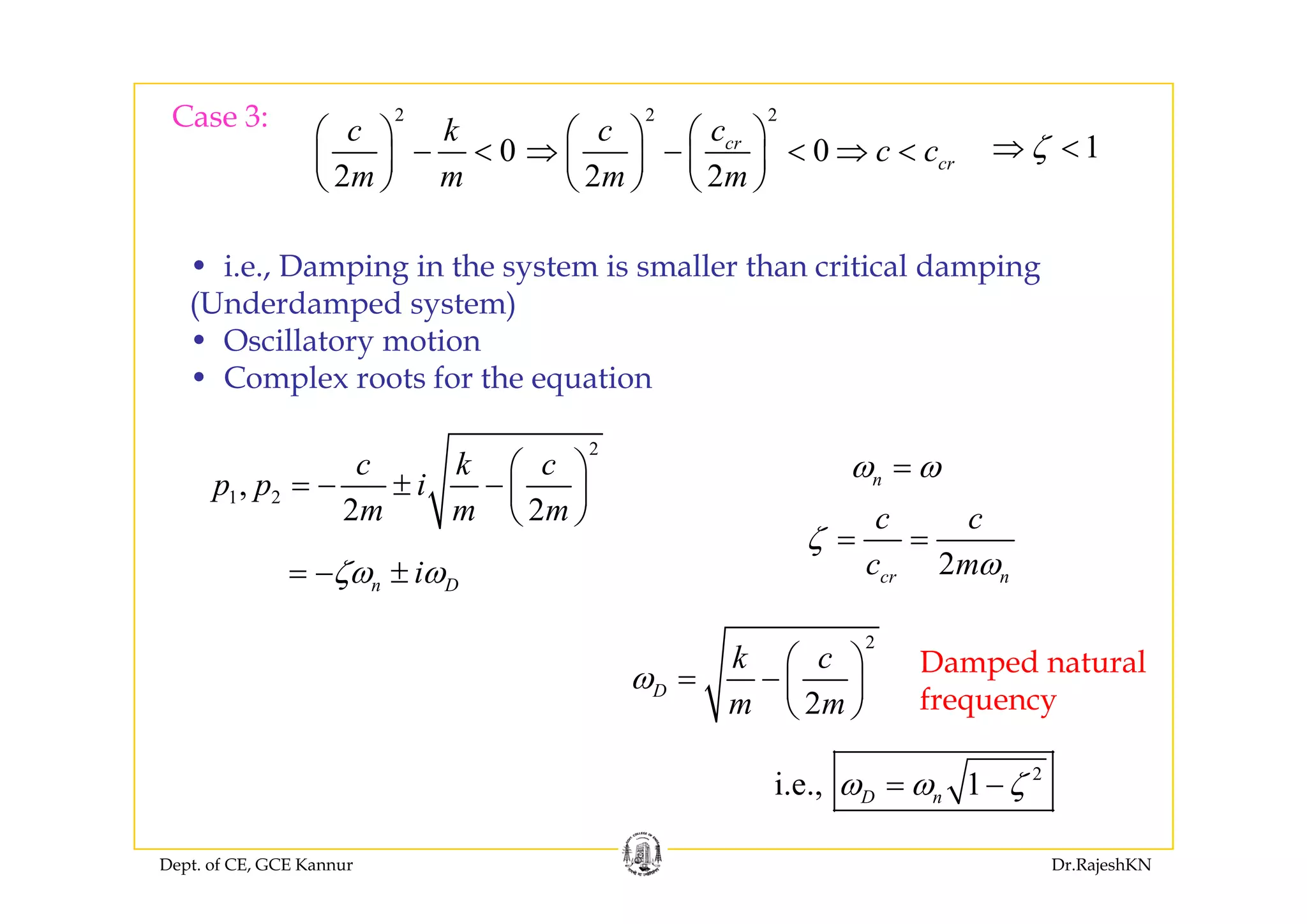 Case 3: 2
0
c k⎛ ⎞
<⎜ ⎟
2 2
0crc c
c c
⎛ ⎞ ⎛ ⎞
⇒ < ⇒ <⎜ ⎟ ⎜ ⎟ 1ζ⇒ <0
2m m
− <⎜ ⎟
⎝ ⎠
0
2 2
cr
crc c
m m
⇒ − < ⇒ <⎜ ⎟ ⎜ ⎟
⎝ ⎠ ⎝ ⎠
1ζ⇒ <
• i.e., Damping in the system is smaller than critical damping
(Underdamped system)
• Oscillatory motiony
• Complex roots for the equation
2
c k c⎛ ⎞
1 2,
2 2
c k c
p p i
m m m
⎛ ⎞
= − ± − ⎜ ⎟
⎝ ⎠
iζ ±
nω ω=
2
c c
c m
ζ
ω
= =
n Diζω ω= − ±
2
k c⎛ ⎞
⎜ ⎟
2cr nc mω
Damped natural
2
D
m m
ω
⎛ ⎞
= − ⎜ ⎟
⎝ ⎠
2
i 1 ζ
Damped natural
frequency
Dept. of CE, GCE Kannur Dr.RajeshKN
2
i.e., 1D nω ω ζ= −
 