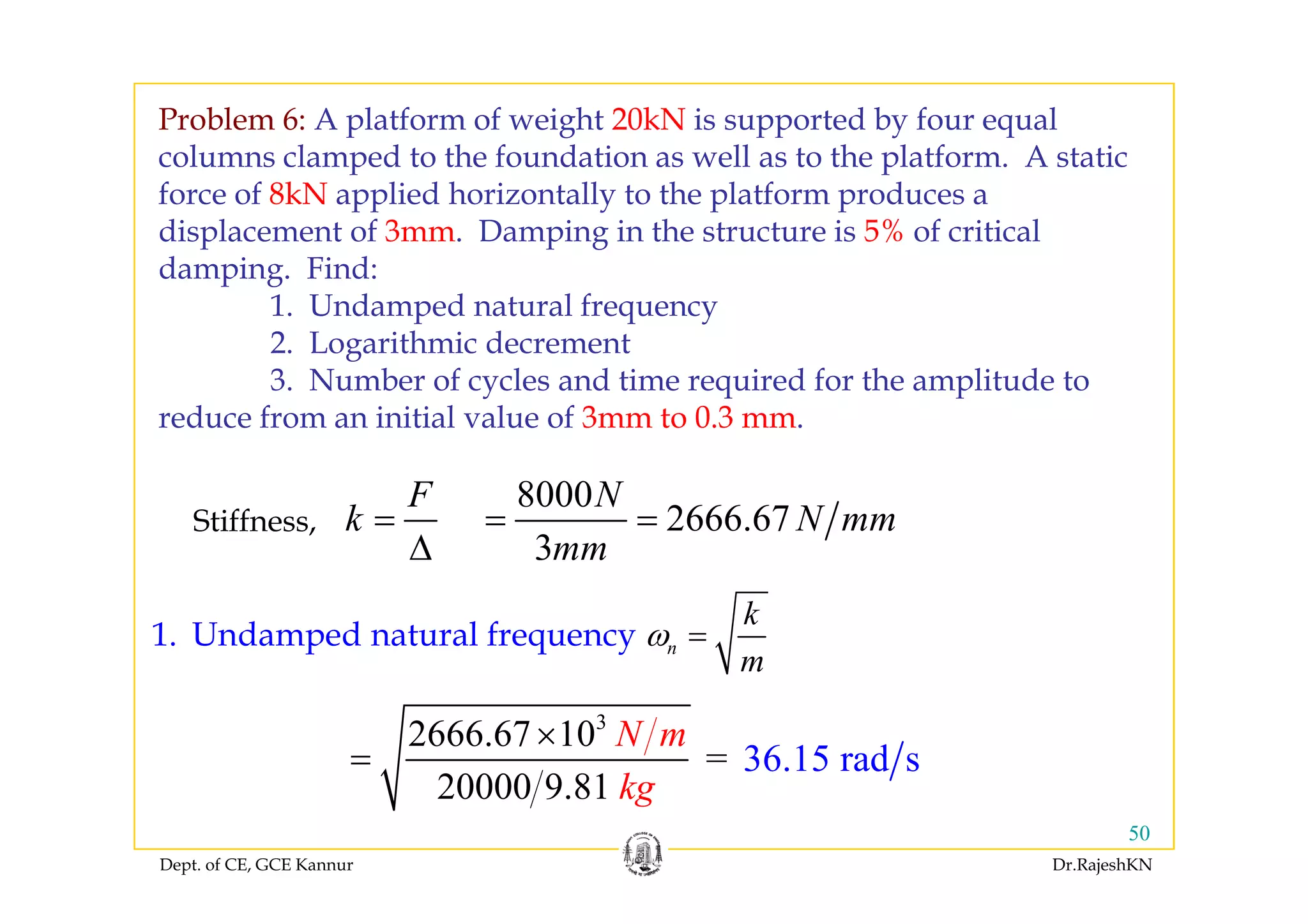 Problem 6: A platform of weight 20kN is supported by four equal
l l d h f d i ll h l f A icolumns clamped to the foundation as well as to the platform. A static
force of 8kN applied horizontally to the platform produces a
displacement of 3mm. Damping in the structure is 5% of critical
damping. Find:
1. Undamped natural frequency
2. Logarithmic decrementg
3. Number of cycles and time required for the amplitude to
reduce from an initial value of 3mm to 0.3 mm.
F
k =
Δ
8000
2666.67
3
N
N mm
mm
= =Stiffness,
n
k
m
ω =1. Undamped natural frequency
m
3
2666.67 10
20000 9 81
N m
k
×
= 36.15= rad s
Dept. of CE, GCE Kannur Dr.RajeshKN
50
20000 9.81 kg
 
