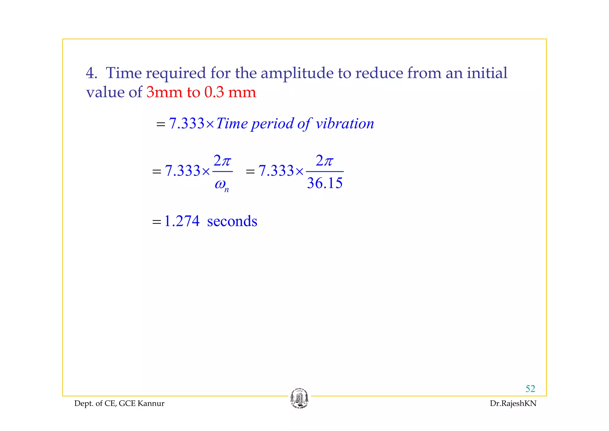 4 Ti i d f th lit d t d f i iti l4. Time required for the amplitude to reduce from an initial
value of 3mm to 0.3 mm
333 d f b7.333 Time period of vibration×=
2
7 333
π 2
7 333
π
7.333
nω
×= 7.333
36.15
= ×
1 2 4 d1.274 seconds=
Dept. of CE, GCE Kannur Dr.RajeshKN
52
 