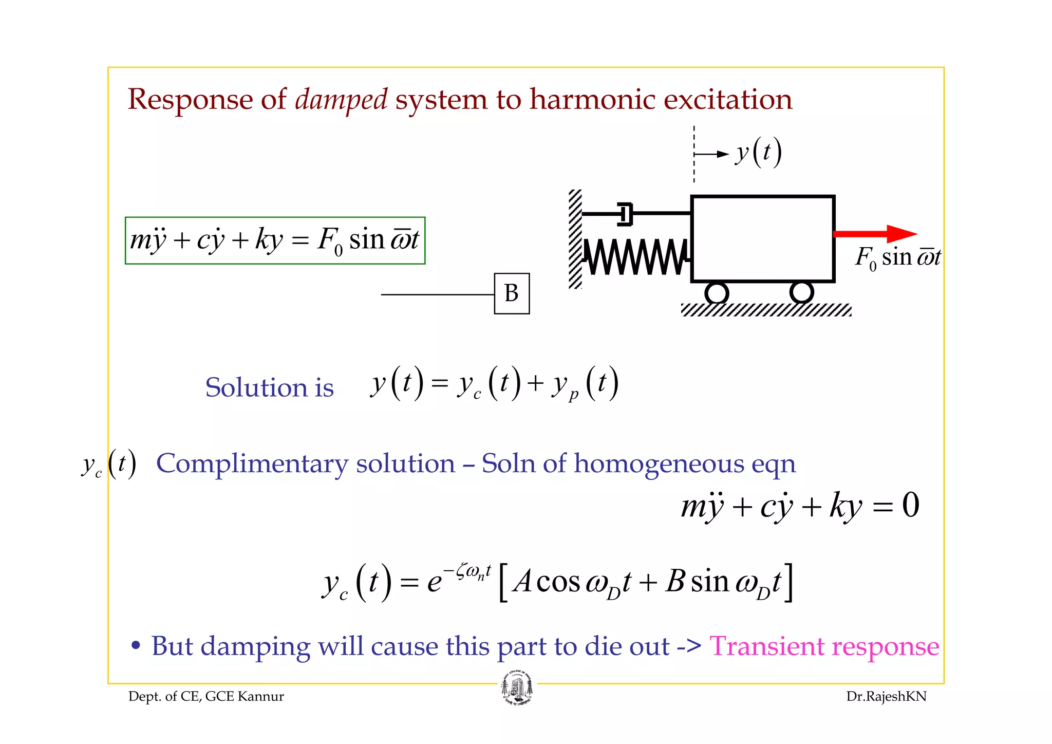 Response of damped system to harmonic excitation
( )y t
0 sinmy cy ky F tω+ + =
B
0 sinF tω
( ) ( ) ( )
B
( ) ( ) ( )c py t y t y t= +Solution is
( )t C li t l ti S l f h( )cy t Complimentary solution – Soln of homogeneous eqn
0my cy ky+ + =
( ) [ ]cos sinnt
c D Dy t e A t B tζω
ω ω−
= +
Dept. of CE, GCE Kannur Dr.RajeshKN
• But damping will cause this part to die out -> Transient response
 