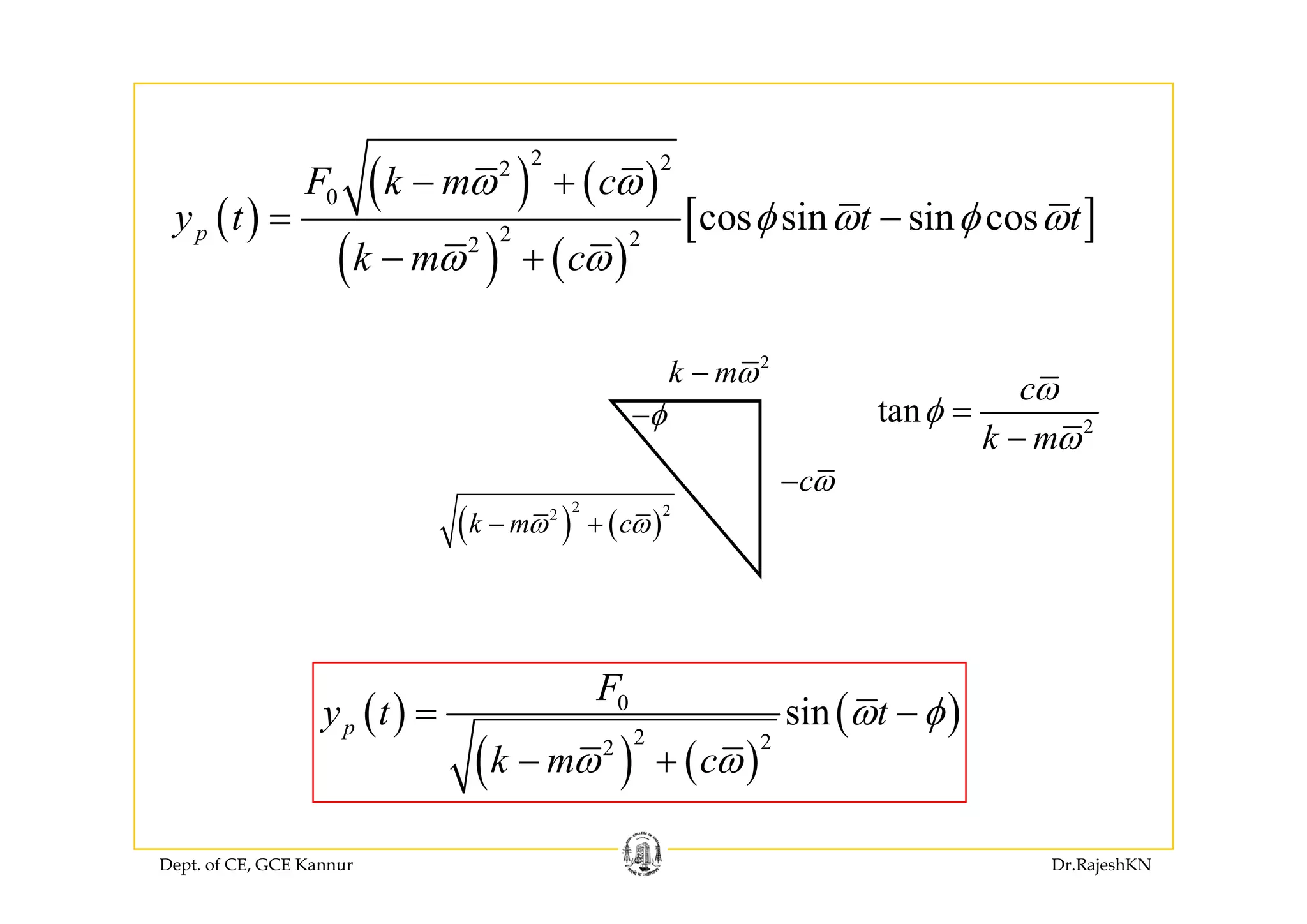 ( )
( ) ( )
( ) ( )
[ ]
2 22
0
2 22
cos sin sin cosp
F k m c
y t t t
k
ω ω
φ ω φ ω
ω ω
− +
= −
+( ) ( )k m cω ω− +
22
k mω−
φ− 2
tan
c
k m
ω
φ
ω
=
−
( ) ( )
2 22
k m cω ω− +
cω−
( )
( ) ( )
( )0
2 22
sinp
F
y t t
k m c
ω φ
ω ω
= −
− +
Dept. of CE, GCE Kannur Dr.RajeshKN
( ) ( )
 