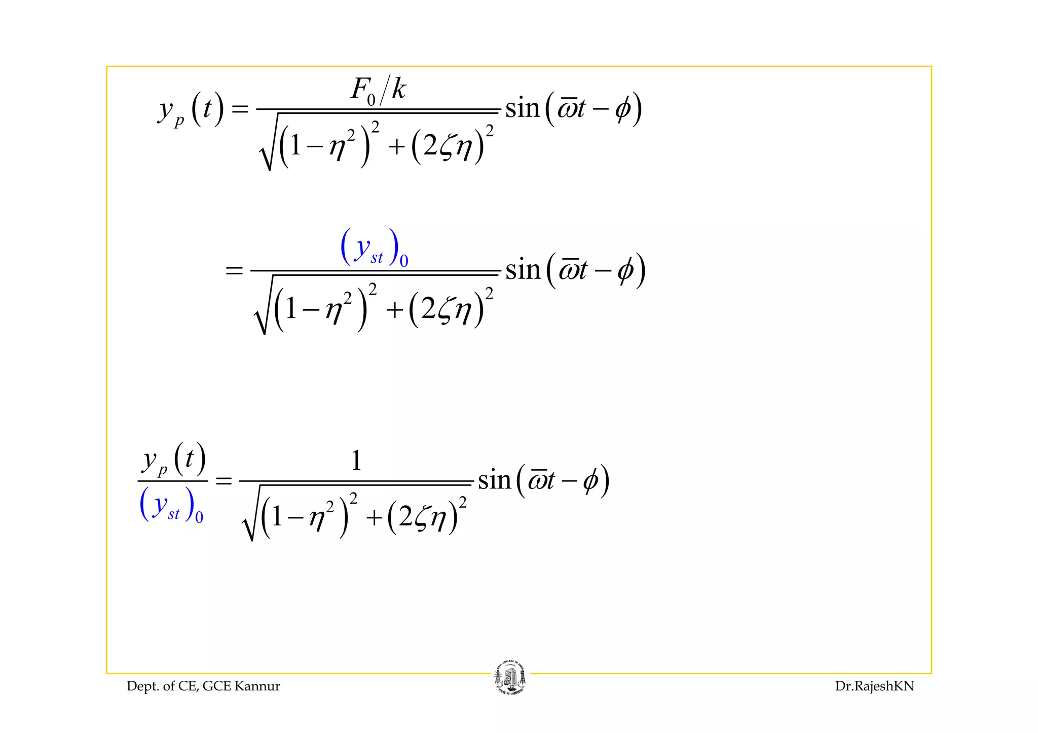 ( ) ( )0
sinp
F k
y t tω φ= −( )
( ) ( )
( )2 22
s
1 2
py t tω φ
η ζη− +
( )
( )2
0
sin
sty
tω φ= −
( ) ( )
( )2 22
1 2
φ
η ζη− +
( )( )
( ) ( ) ( )
( )2
0
22
1
sin
1 2t
p
s
y
y
t
tω φ
η ζη
= −
− +( ) ( )
Dept. of CE, GCE Kannur Dr.RajeshKN
 