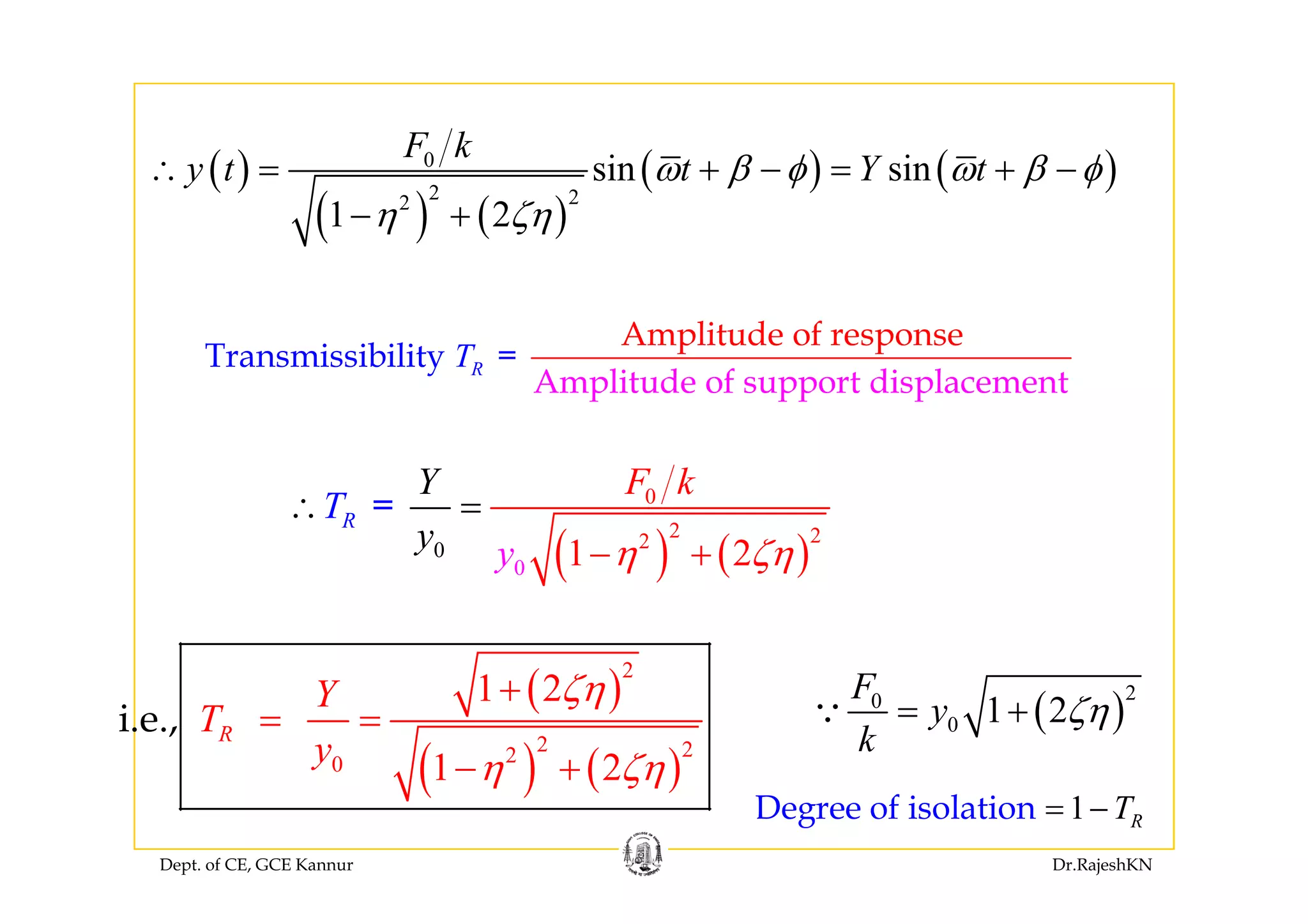 F k
( )
( ) ( )
( ) ( )0
2 22
sin sin
1 2
F k
y t t Y tω β φ ω β φ
η ζη
∴ = + − = + −
− +
T
Amplitude of respo
Transmissibility
nse
=RT
Amplitude
Transmissibi
of support
l
d
ity
isplace
=
ment
( ) ( )
0
2 22
0
0 1 2
R
F kY
T
yy η ζη−
∴ =
+
=
( ) ( )0y η ζη
( )
2
( )
( ) ( )
2
2 220
1 2
1 2
i.e., R
Y
T
y
ζη
η ζη
+
= =
− +
( )
20
0 1 2
F
y
k
ζη= +∵
Dept. of CE, GCE Kannur Dr.RajeshKN
( ) ( )1 2η ζη+
1 RT= −Degree of isolation
 