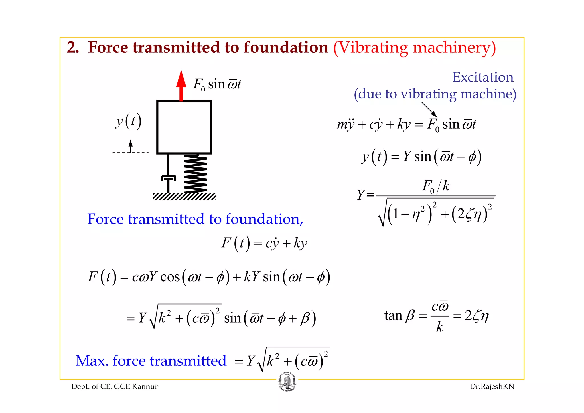 2. Force transmitted to foundation (Vibrating machinery)
Excitation
(due to vibrating machine)
( )
0 sinF tω
( ) ( )siny t Y tω φ= −
0 sinmy cy ky F tω+ + =( )y t
( ) ( )siny t Y tω φ
( ) ( )
0
2 22
=
F k
Y
( )F t cy ky= +
Force transmitted to foundation, ( ) ( )
2 22
1 2η ζη− +
( ) ( ) ( )cos sinF t c Y t kY tω ω φ ω φ= − + −
( ) ( )
22
sinY k c tω ω φ β= + − + tan 2
c
k
ω
β ζη= =
Dept. of CE, GCE Kannur Dr.RajeshKN
( )
22
Y k cω= +Max. force transmitted
 