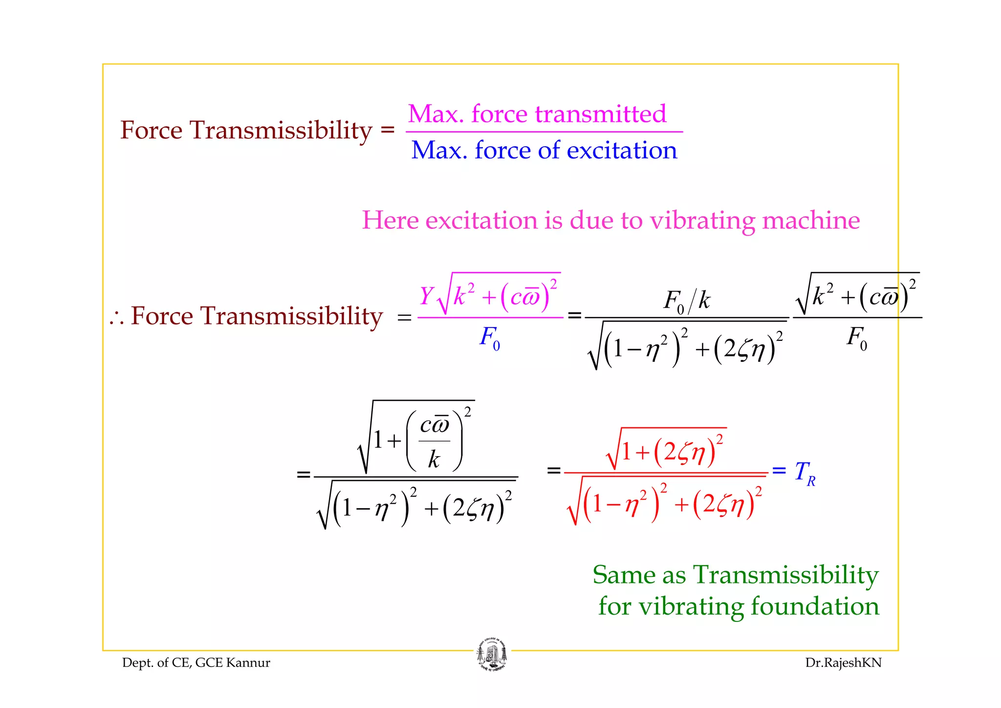 Max force transmittedMax. force transmitted
Force Transmissibility =
Max. force of excitation
Here excitation is due to vibrating machine
( )
22
0F
Y k cω
=
+
∴Force Transmissibility
( ) ( )
( )
22
0
2 22 01 2
=
k cF k
F
ω
η ζη
+
− +( ) ( )1 2η ζη+
2
1
cω⎛ ⎞
⎜ ⎟ 2
( ) ( )
2 22
1
1 2
=
k
η ζη
⎛ ⎞
+ ⎜ ⎟
⎝ ⎠
− +
( )
( ) ( )
2
2 22
1 2
1 2
= = RT
ζη
η ζη
+
− +( ) ( )1 2η ζη+ ( ) ( )η ζη
Same as Transmissibility
Dept. of CE, GCE Kannur Dr.RajeshKN
for vibrating foundation
 