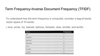 Term Frequency-Inverse Document Frequency (TFIDF)
To understand how the term frequency is computed, consider a bag-of-words
vector space of 10 words:
i, love, acme, my, bebook, bphone, fantastic, slow, terrible, and terrific .
 