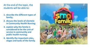 At the end of the topic, the
students will be able to:
1. describe the different types of
family;
2. discuss the levels of clientele
in Community Health Nursing;
3. explain why the family is
considered to be the unit of
service in community and
public health nursing;
4. Identify the important roles,
stages and tasks of the family.
 