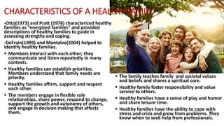 CHARACTERISTICS OF A HEALTHY FAMILY
-Otto(1973) and Pratt (1976) characterized healthy
families as “energized families” and provided
descriptions of healthy families to guide in
assessing strengths and coping.
-DeFrain(1999) and Montalvo(2004) helped to
identify healthy families.
 Members interact with each other; they
communicate and listen repeatedly in many
contexts.
 Healthy families can establish priorities.
Members understand that family needs are
priority.
 Healthy families affirm, support and respect
each other.
 The members engage in flexible role
relationships, share power, respond to change,
support the growth and autonomy of others,
and engage in decision making that affects
them.
 The family teaches family and societal values
and beliefs and shares a spiritual core.
 Healthy family foster responsibility and value
service to others.
 Healthy families have a sense of play and humor
and share leisure time.
 Healthy families have the ability to cope with
stress and crisis and grow from problems. They
know when to seek help from professionals.
 