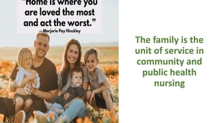 FAMILY
The family is the
unit of service in
community and
public health
nursing
 
