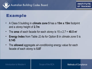 • A Class 5 building in climate zone 5 has a 15m x 15m footprint
and a storey height of 2.7m
• The area of each facade for each storey is 15 x 2.7 = 40.5 m2
• Energy Index from Table J2.4a for Option B in climate zone 5 is
0.145
• The allowed aggregate air-conditioning energy value for each
facade of each storey is 5.87
Introduction to Module 4
Example
Scope of the BCA Methods of Compliance
 