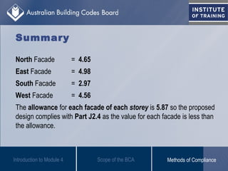 Summary
North Facade = 4.65
East Facade = 4.98
South Facade = 2.97
West Facade = 4.56
The allowance for each facade of each storey is 5.87 so the proposed
design complies with Part J2.4 as the value for each facade is less than
the allowance.
Introduction to Module 4 Scope of the BCA Methods of Compliance
 