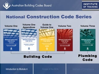 Building Code
Volume Three
Guide to
Volume One
Volume One
Appendices
Volume TwoVolume One
Plumbing
Code
National Construction Code Series
Scope of the BCAIntroduction to Module 4 Methods of Compliance
 