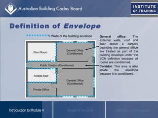 Scope of the BCAIntroduction to Module 4 Methods of Compliance
= Walls of the building envelope General office: The
external walls, roof and
floor above a carpark
bounding the general office
are treated as part of the
building envelope under the
BCA definition because all
rooms are conditioned.
Corridor: This area is also
inside the envelope
because it is conditioned.
Plant Room
General Office
(Conditioned)
Private Office
Access Stair
General Office
(Conditioned)
Public Corridor (Conditioned)
Definition of Envelope
 