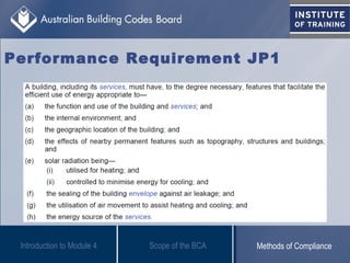 Performance Requirement JP1
Introduction to Module 4 Scope of the BCA Methods of Compliance
 