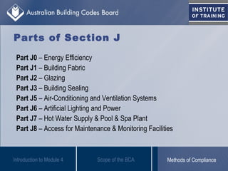Parts of Section J
Part J0 – Energy Efficiency
Part J1 – Building Fabric
Part J2 – Glazing
Part J3 – Building Sealing
Part J5 – Air-Conditioning and Ventilation Systems
Part J6 – Artificial Lighting and Power
Part J7 – Hot Water Supply & Pool & Spa Plant
Part J8 – Access for Maintenance & Monitoring Facilities
Introduction to Module 4 Scope of the BCA Methods of Compliance
 