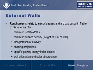• Requirements relate to climate zones and are expressed in Table
J1.5a in terms of –
− minimum Total R-Value
− minimum surface density (weight of 1 m2
of wall)
− incorporation of a cavity
− shading projections
− specific glazing energy index options
− wall orientation and solar absorptance
Introduction to Module 4
External Walls
Scope of the BCA Methods of Compliance
 