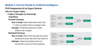 Module 4: Current Trends in Artificial Intelligence
9.1.3 Components of an Expert System
Inference Engine (Rules
Engine( Strategies for Knowledge
Acquisition:
Forward Chaining:
How it works: Starts with known facts and
rules to predict what can happen next.
Example: Predicting stock prices after
interest rate changes.
Backward Chaining:
How it works: Starts from the goal and works
backward to prove the facts that lead to it.
Example: Diagnosing blood cancer by
tracing the cause from the symptoms.
 