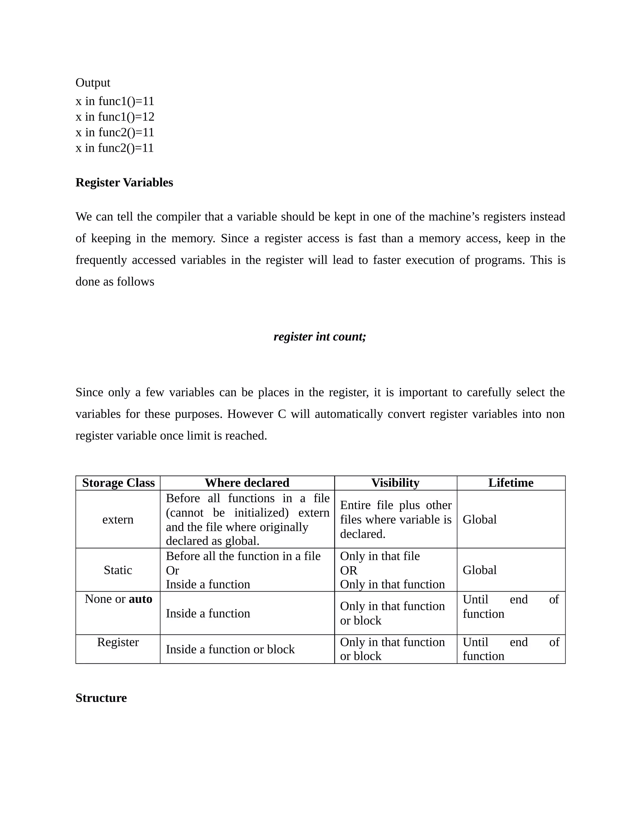 Output
x in func1()=11
x in func1()=12
x in func2()=11
x in func2()=11
Register Variables
We can tell the compiler that a variable should be kept in one of the machine’s registers instead
of keeping in the memory. Since a register access is fast than a memory access, keep in the
frequently accessed variables in the register will lead to faster execution of programs. This is
done as follows
register int count;
Since only a few variables can be places in the register, it is important to carefully select the
variables for these purposes. However C will automatically convert register variables into non
register variable once limit is reached.
Storage Class Where declared Visibility Lifetime
extern
Before all functions in a file
(cannot be initialized) extern
and the file where originally
declared as global.
Entire file plus other
files where variable is
declared.
Global
Static
Before all the function in a file
Or
Inside a function
Only in that file
OR
Only in that function
Global
None or auto
Inside a function
Only in that function
or block
Until end of
function
Register
Inside a function or block
Only in that function
or block
Until end of
function
Structure
 