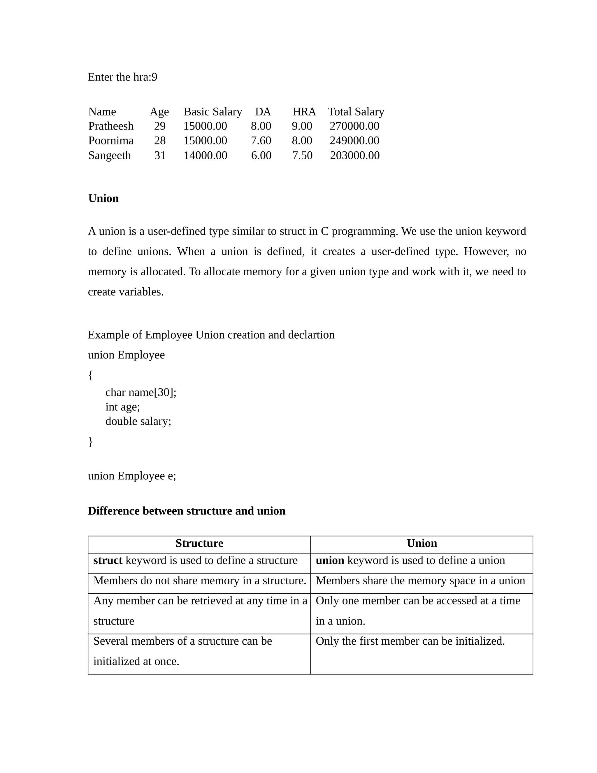 Enter the hra:9
Name Age Basic Salary DA HRA Total Salary
Pratheesh 29 15000.00 8.00 9.00 270000.00
Poornima 28 15000.00 7.60 8.00 249000.00
Sangeeth
Union
31 14000.00 6.00 7.50 203000.00
A union is a user-defined type similar to struct in C programming. We use the union keyword
to define unions. When a union is defined, it creates a user-defined type. However, no
memory is allocated. To allocate memory for a given union type and work with it, we need to
create variables.
Example of Employee Union creation and declartion
union Employee
{
char name[30];
int age;
double salary;
}
union Employee e;
Difference between structure and union
Structure Union
struct keyword is used to define a structure union keyword is used to define a union
Members do not share memory in a structure. Members share the memory space in a union
Any member can be retrieved at any time in a
structure
Only one member can be accessed at a time
in a union.
Several members of a structure can be
initialized at once.
Only the first member can be initialized.
 