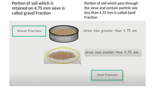 Portion of soil which is
retained on 4.75 mm sieve is
called gravel Fraction
Portion of soil which pass through
the sieve and contain particle size
less than 4.75 mm is called Sand
Fraction
 