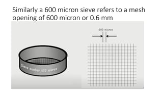 Similarly a 600 micron sieve refers to a mesh
opening of 600 micron or 0.6 mm
 