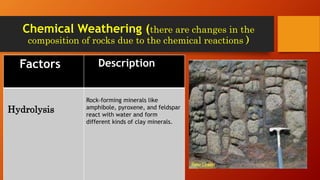 Chemical Weathering (there are changes in the
composition of rocks due to the chemical reactions )
Factors Description
Hydrolysis
Rock-forming minerals like
amphibole, pyroxene, and feldspar
react with water and form
different kinds of clay minerals.
 