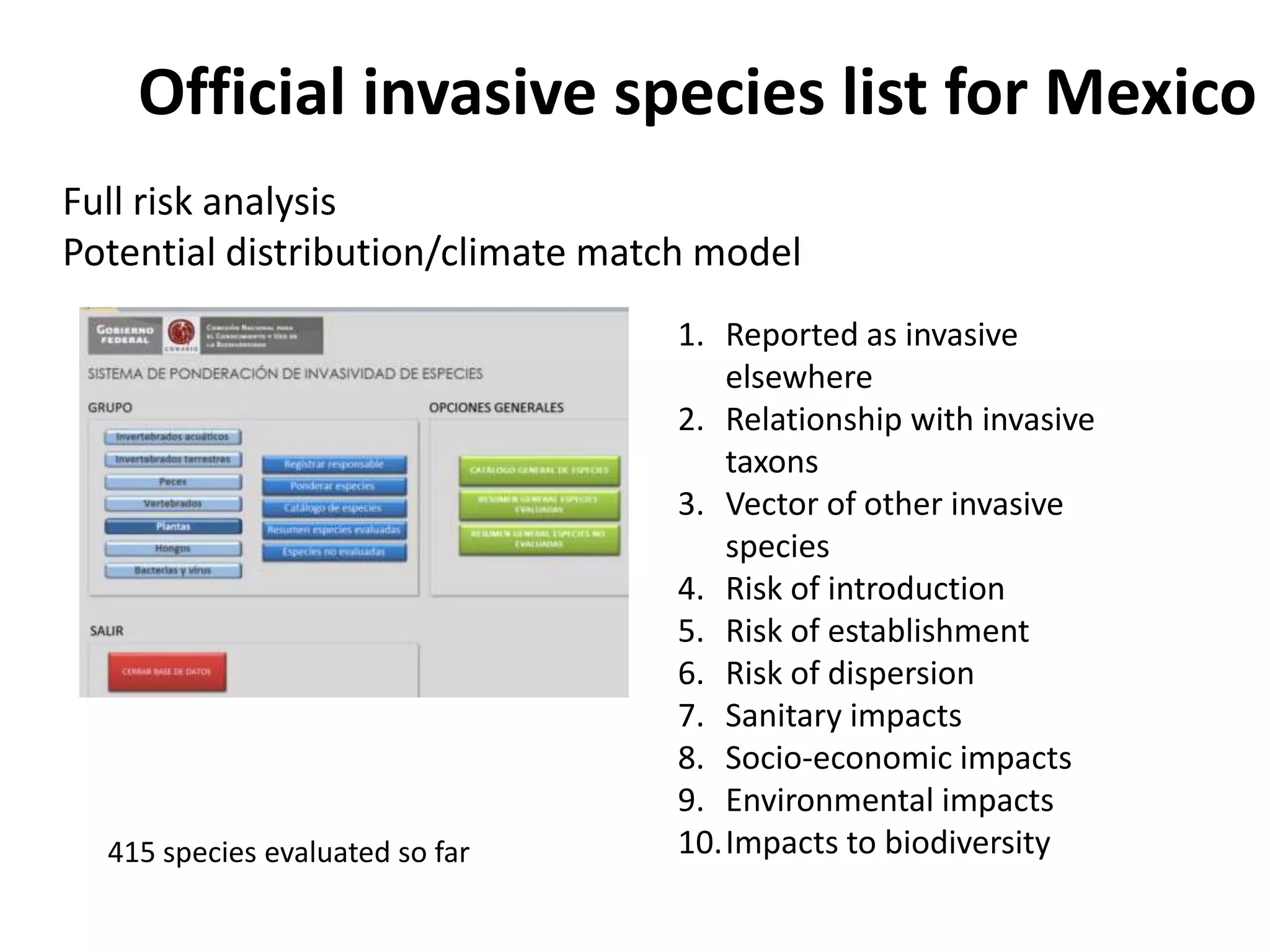 Official invasive species list for Mexico
1. Reported as invasive
elsewhere
2. Relationship with invasive
taxons
3. Vector of other invasive
species
4. Risk of introduction
5. Risk of establishment
6. Risk of dispersion
7. Sanitary impacts
8. Socio-economic impacts
9. Environmental impacts
10.Impacts to biodiversity
Full risk analysis
Potential distribution/climate match model
415 species evaluated so far
 