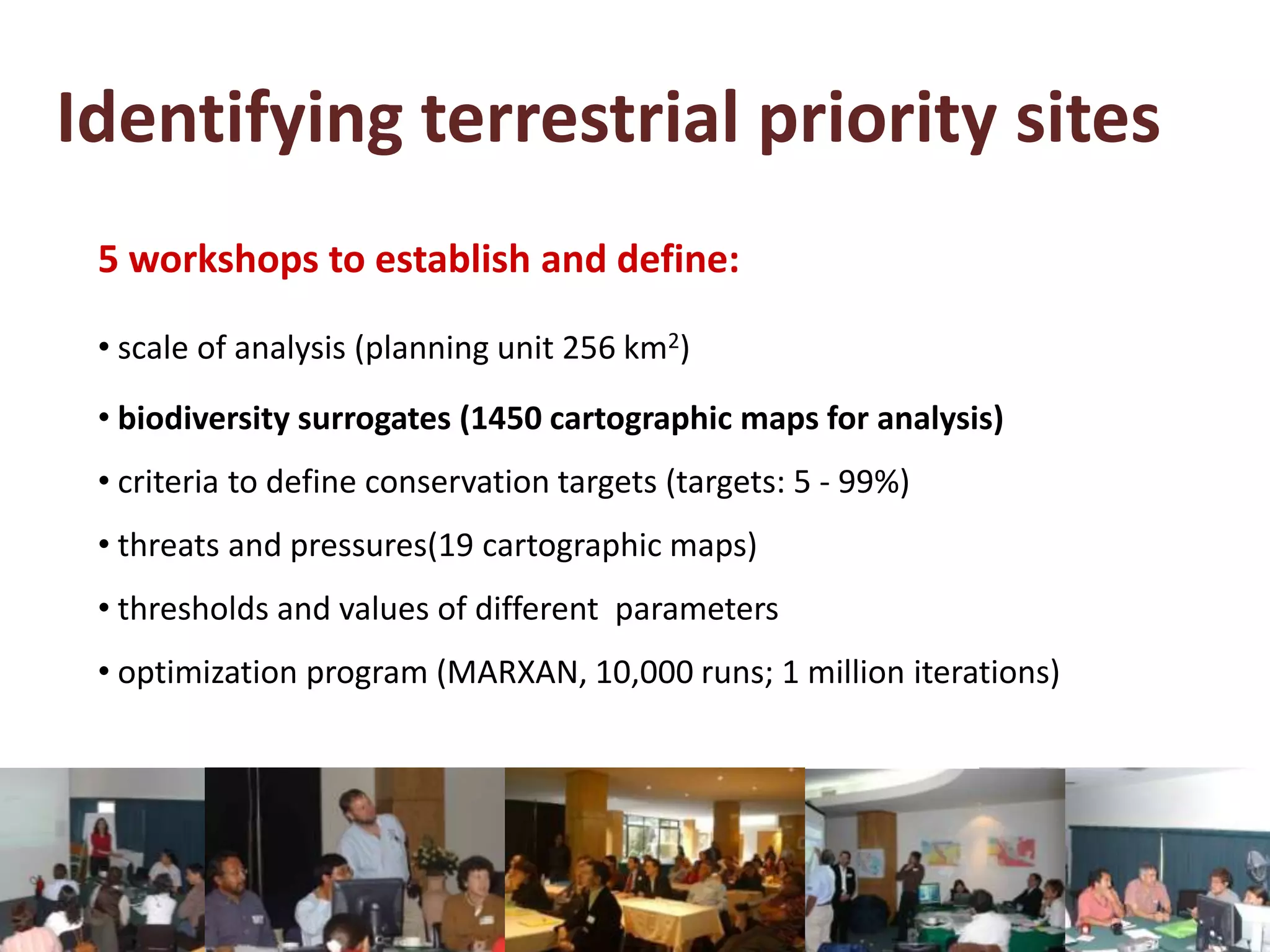 Identifying terrestrial priority sites
5 workshops to establish and define:
• scale of analysis (planning unit 256 km2)
• biodiversity surrogates (1450 cartographic maps for analysis)
• criteria to define conservation targets (targets: 5 - 99%)
• threats and pressures(19 cartographic maps)
• thresholds and values of different parameters
• optimization program (MARXAN, 10,000 runs; 1 million iterations)
 